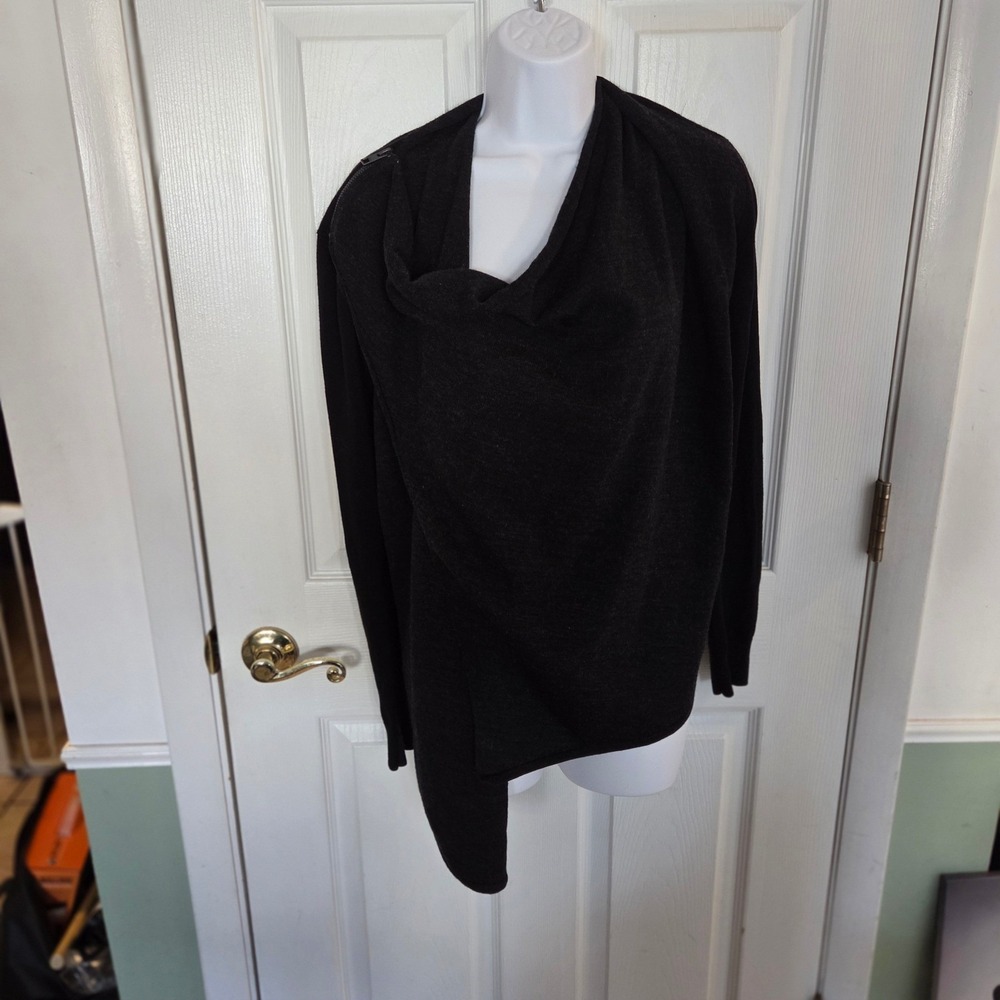 AllSaints M Itat Shrug Cardigan Asymmetrical Draped Wool Knit Black Quiet Luxury